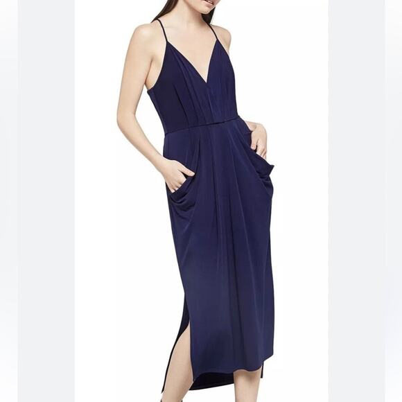 BCBGeneration Dress Draped Navy Blue Pleated Midi Spaghetti Straps Pockets Med - Picture 2 of 15